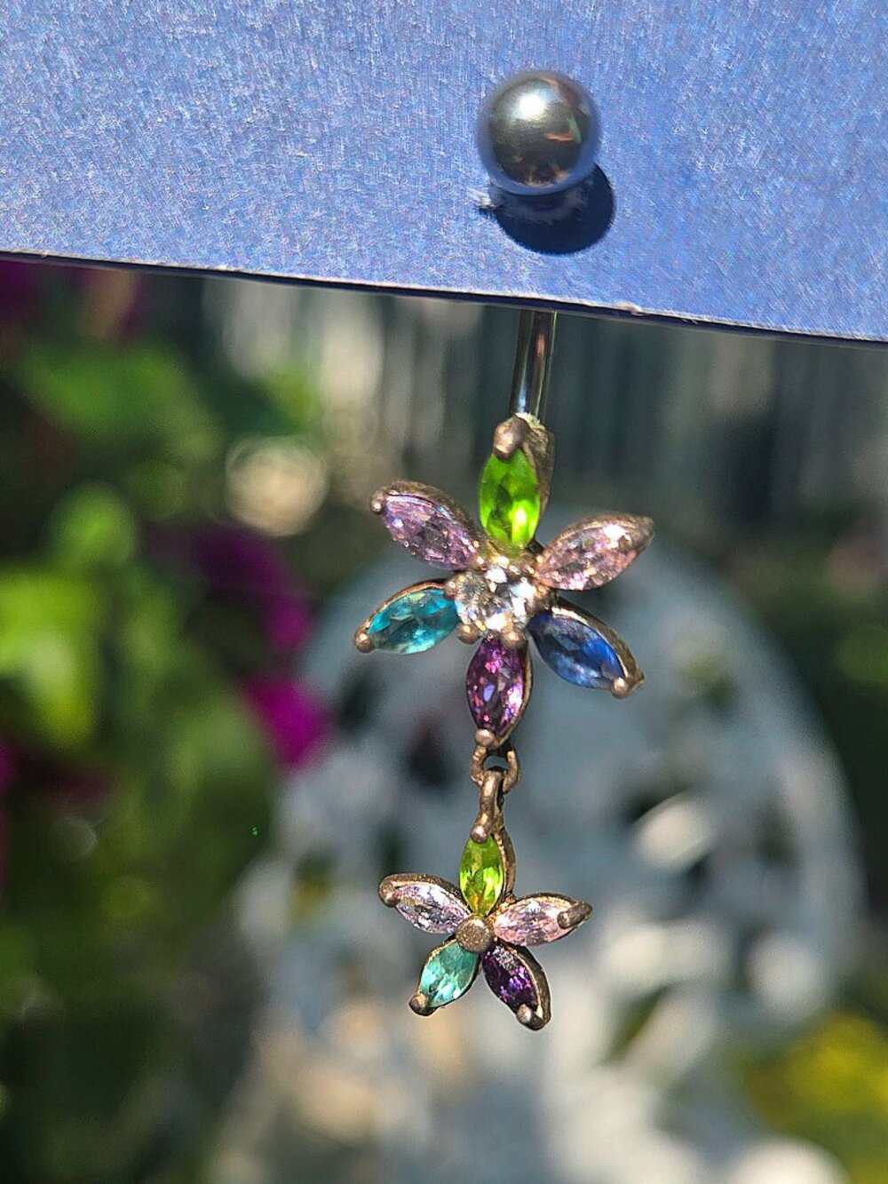 🌸 NWT Multicolor Pastel Crystal Double Flower Dangle Belly Button Ring - Gold 3